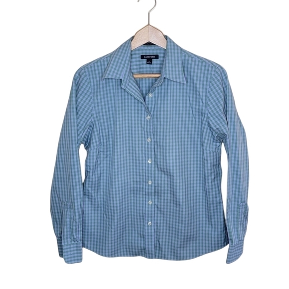 Lands' End | Blue Green Gingham Check No Iron Pinpoint Oxford Button Up Shirt - Picture 1 of 5